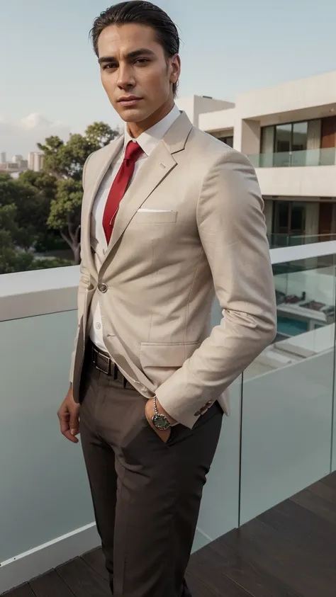 Claro, aqui está o prompt atualizado:

"A handsome and attractive man with a more masculine appearance, short straight hair slicked back, brown eyes, and lightly tanned skin. He is dressed in a classic, luxurious dark black blazer, white shirt, and a red t...