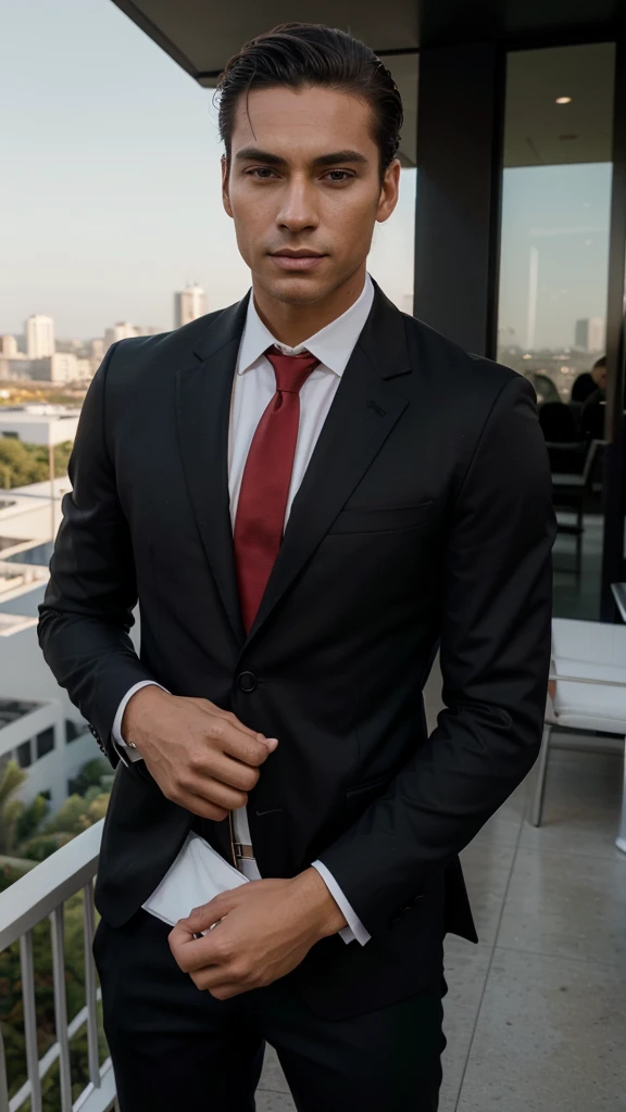 Claro, aqui está o prompt atualizado:

"A handsome and attractive man with a more masculine appearance, short straight hair slicked back, brown eyes, and lightly tanned skin. He is dressed in a classic, luxurious dark black blazer, white shirt, and a red t...