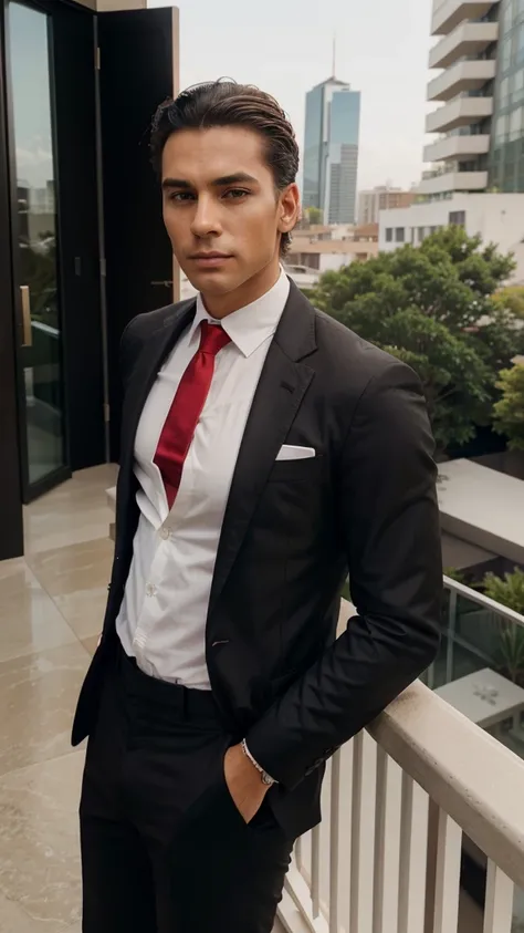 Claro, aqui está o prompt atualizado:

"A handsome and attractive man with a more masculine appearance, short straight hair slicked back, brown eyes, and lightly tanned skin. He is dressed in a classic, luxurious dark black blazer, white shirt, and a red t...