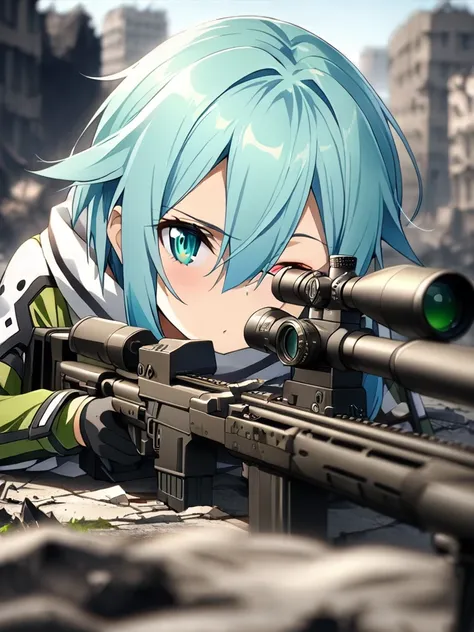 (masterpiece),(highest quality),(high resolution),(very detailed),one woman,japanese, sinon from sword art online, blue hair, wh...