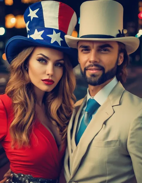 Professional fashion close-up portrait photography of a young beautiful woman like Uncle Sam in the city at night, uncle sam hat, uncle sam suit, in a side pose, combat pose, fighting pose against someone, nikon z9, bokeh