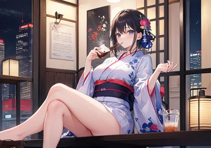 ((Highest quality)), ((masterpiece)), (detailed), One girl, yukata, Drink coffee, night,indoor, Perfect Fingers, Large Breasts