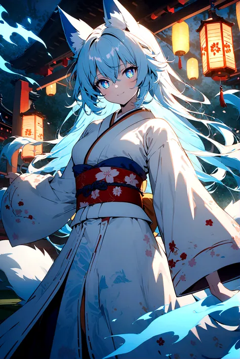 fox Light blue hair 　beast girl　indigo fur　fox beast girl　fox Light blue hair 　beast girl　indigo fur　fox beast girl　Wallpaper 4k,8k,highly detailled,,vivid colors,detailed kitsune with 9 tails,traditional Japanese artwork,tatami floor,beautiful cherry blos...