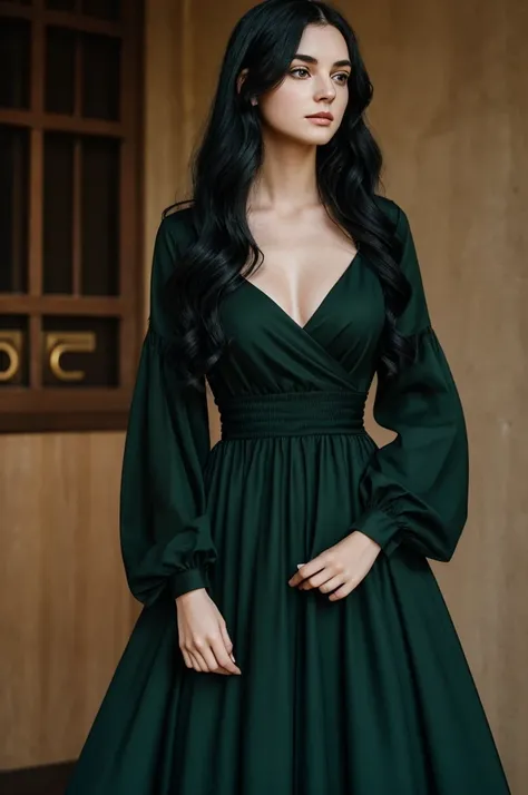 a girl with wavy black hair, it reached up to his waist, Her eyes were black and her test was completely pale., she came dressed very strangely, with a long dress, dark green with gold details, long sleeves and on his hands there was a black ring.