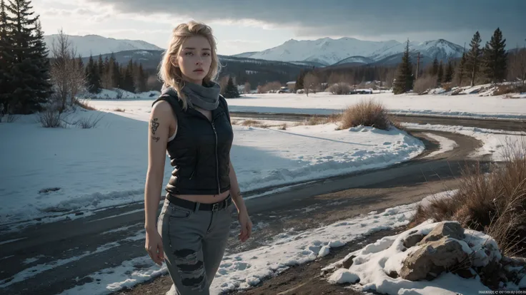 official art, unity 8k wallpaper, ultra detailed, beautiful and aesthetic, masterpiece, best quality,Masterpiece, full body shot of a beautiful 13 years old Norwegian teenage girl in a post-apocalyptic frozen wilderness, punk blonde short hi-top hair shave...