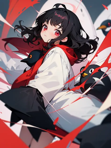 Raise a 5 year old she has crimson eyes,wavy black hair,bangss,is holding a stuffed penguin and her clothes are cute, make the character anime style