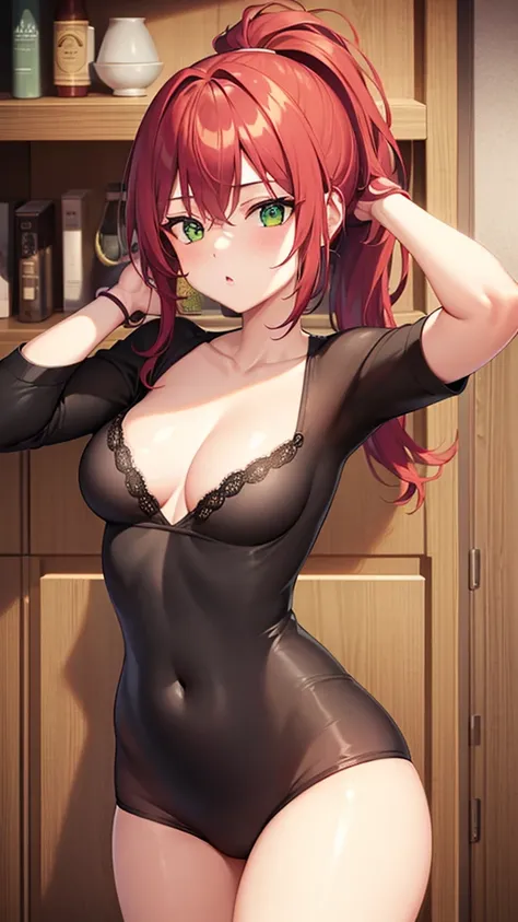 1girl, underwear, tight shirt, lingerie, big chest, green eyes, long torso, red hair, ponytail, shiny skin, reaching at the top of a cupboard