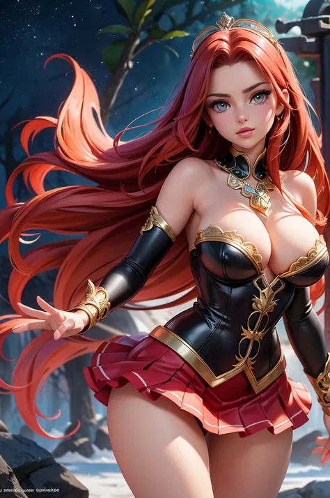 the overall theme and style should feel like. a hybrid of fairytale and Science Fiction. extremely beautiful model, 20 years old female, long bright fire red hair, hair that has a mettalic glimmer and sheen. realistic, perky breasts, cleavage,, oppulent fo...