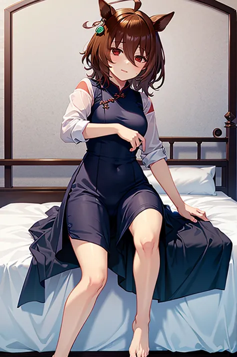 ((Highest quality)), ((masterpiece)), Highest quality),Red mini cheongsam，barefoot，Full body portrait，Open your legs，Bed，Push down，Shy face，