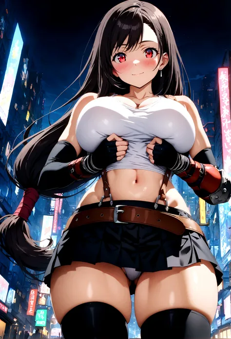 score_9, score_8_up, score_7_up,4k, ,BREAK , from front,from below,view,breast focus:1.5,standing,straight-on,(breast suppress,breasts squeezed together),,(medium shot),looking_at_viewer ,1girl, tifa lockhart, final fantasy, tareme,black hair, low-tied lon...