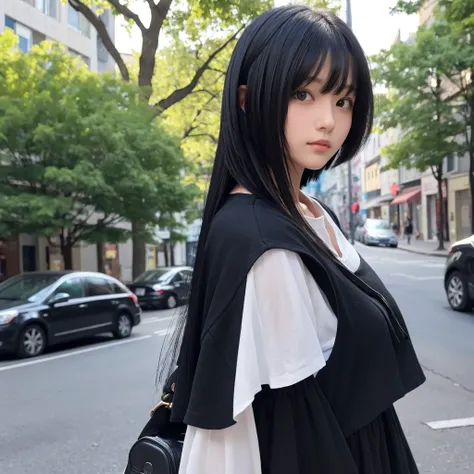 A girl with black hair bob and a girl with long black hair layered cut.
The background is a street tree.
a head-to-chest photo.