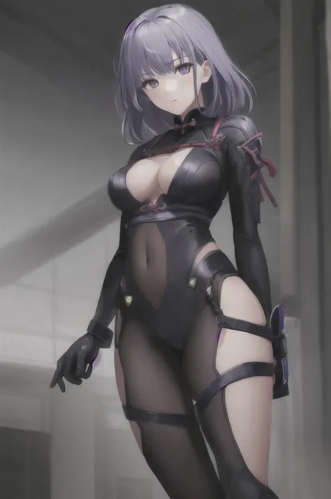 Master piece, High Quality, 1Girl, Raiden Shogun, Body Suit purple, Hero Pose, Hands behind back