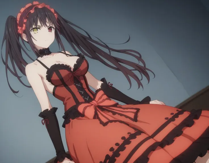 kurumi tokisaki, black hair, red eyes, long hair, twintails, yellow eyes, hairband, heterochromia, dress, red dress 
unbuttoned, bare shoulders, collarbone, choker, bowtie, red bowtie, detached sleeves, corset unbuttoned, frills, cleavage unbuttoned,sittin...