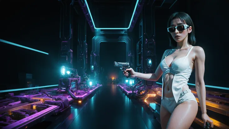 Cyberpunk female plagiarist immersed in digital theft, neon-lit alias within a vast online labyrinth, grotesque grunge brushing into surrealism, illuminated by kaleidoscopic volumetric light, a detailed masterpiece reminiscent of Moebius distinctive style,...