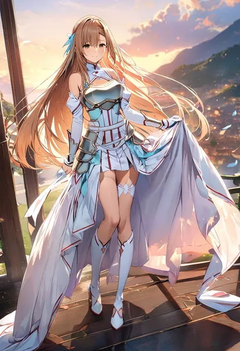 ((masterpiece)), Highest quality, Very detailed,(One Girl),Yuki Asuna、Asuna (stay), brown eyes, bare shoulders, breastplate, armor, detached sleeves, gloves, white gloves, thigh high boots, (red and white dress), Long Hair, Beautiful background ,Clothing, ...