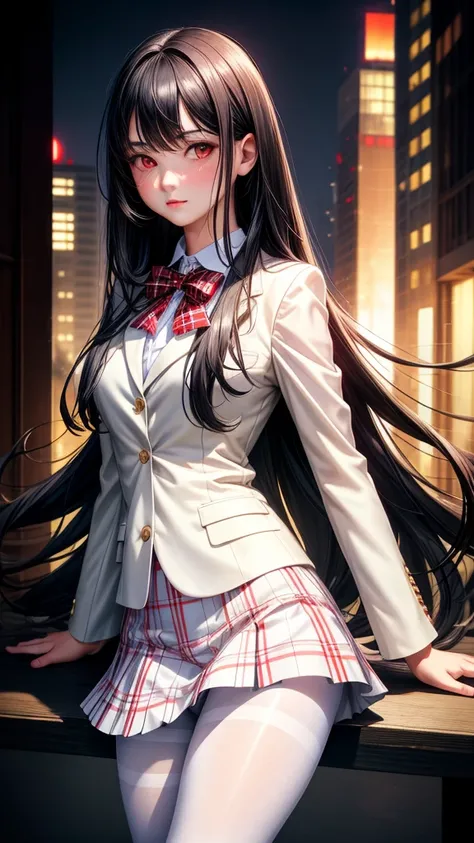 realistic, 1girl, long black hair, red eyes, glowing eyes, white blazer, white plaid skirt, pantyhose, blush, table