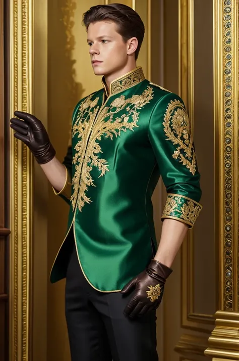 Patrick Gibson wearing: 
Main Tunic:color: Bright green with more elaborate gold details.material: Silk or brocade, with intricate floral patterns.Decor: Gold and silver embroidery, with small gemstones on the neck and sleeves.layer:color: Gold with green ...