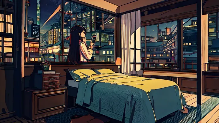 Highest quality, 4k wallpaper, masterpiece, Very detailed CG Unity 8k 壁紙, Very fine particles, Very detailed, Intricate details, Retro art style, A room where you might listen to jazz、pretty girl、Emotional atmosphere