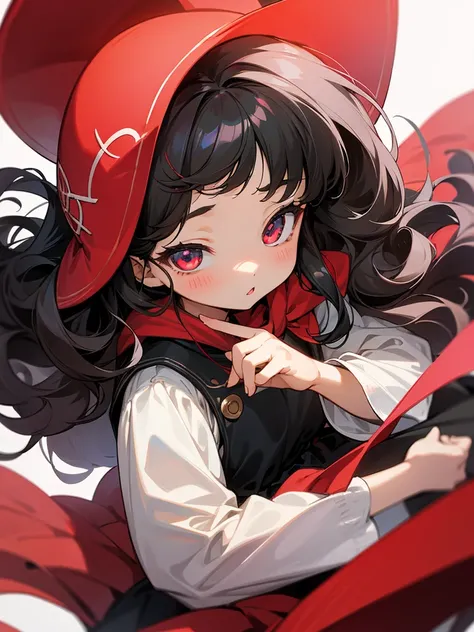 Raise a little 5 year old she has crimson eyes,wavy black hair,bangs and her clothes are cute, make the character anime style