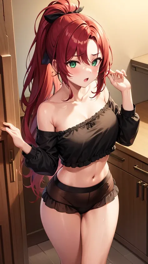 1girl, underwear, tight shirt, lingerie, big chest, green eyes, long torso, red hair, ponytail, shiny skin, reaching at the top of a cupboard