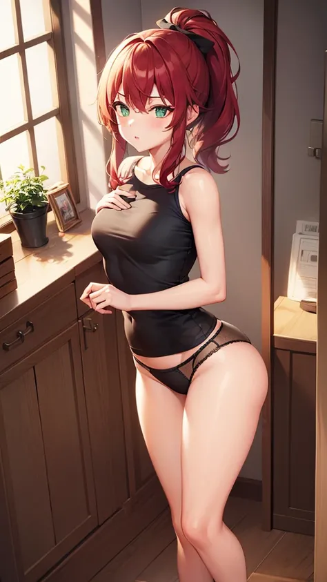 1girl, underwear, tight shirt, lingerie, big chest, green eyes, long torso, red hair, ponytail, shiny skin, reaching at the top of a cupboard