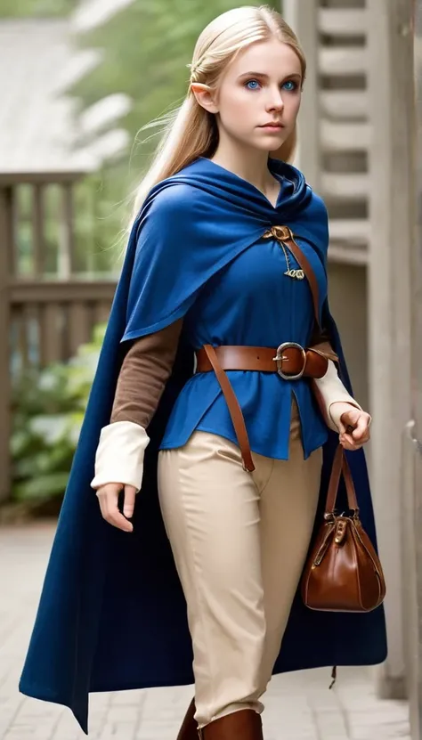 an elf girl with blond hair, blue shirt, brown pants, belt, blue cloak, hazel eyes, capelet, bags under eyes, blue cowl