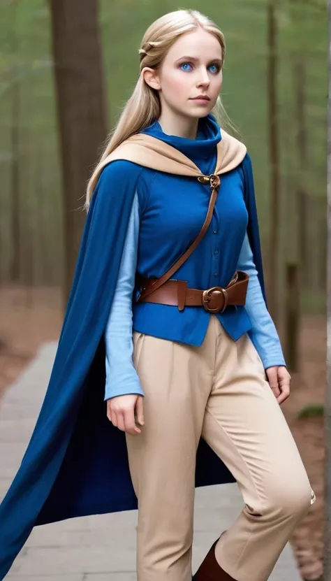 an elf girl with blond hair, blue shirt, brown pants, belt, blue cloak, hazel eyes, capelet, bags under eyes, blue cowl