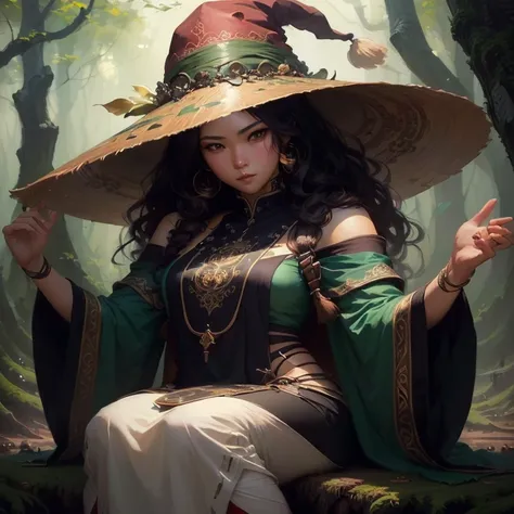 Arafa woman in green and brown clothing sitting on a tree stump, obras de artistry no estilo de guweiz, beautiful character painting, WLOP e Ross Tran, estilo de artistry de fantasia, Ross Tran 8K, 由杨J, by ruan jia and stanley artgerm, artistry, the style ...