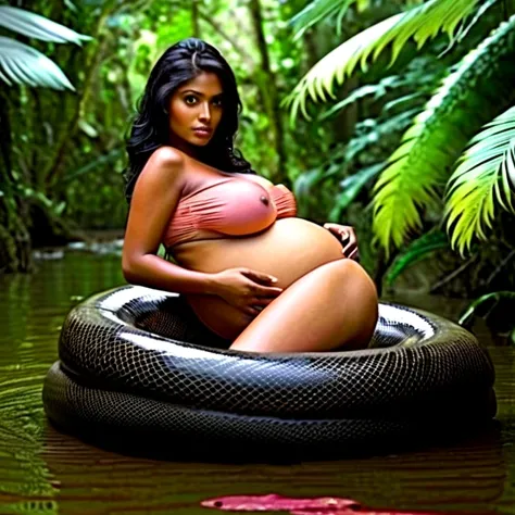 Pregnant Topless  pink thong wearing aroused horny beautiful happy young Indian teen girl vs  Giant colossal black anaconda monster wrapped around her body squeezing her in coiled embrace cuddling and kissing  sexual erotic bestiality  sex  realistic in th...