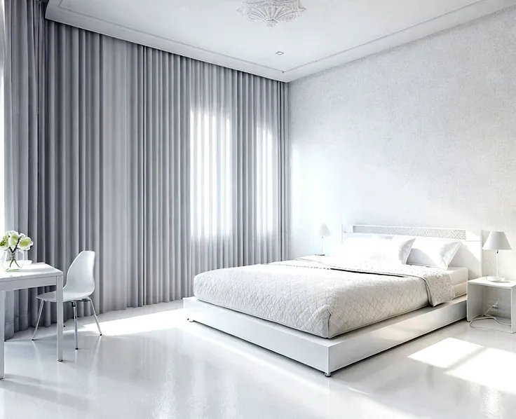 bedroom, (white floor), (White Wall), bed, table, window, lamp, 