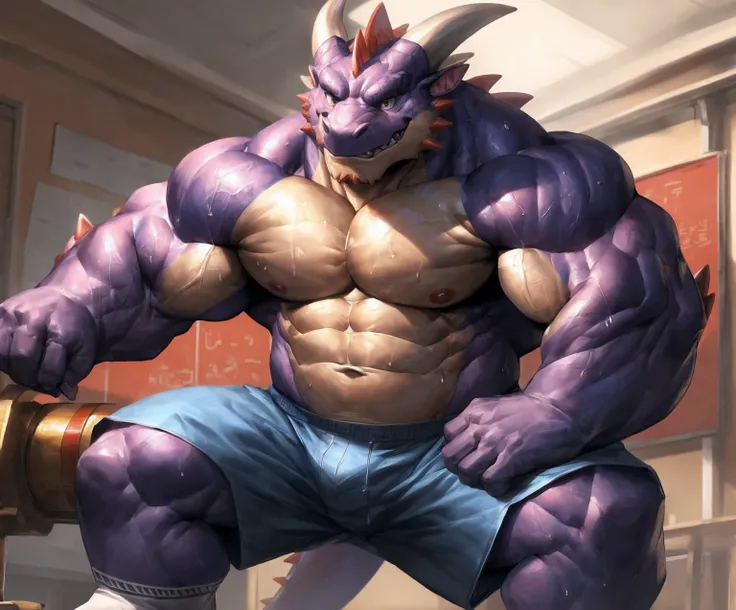 human nature, cannon, male, solitary, ((the strong，Handsome)), (dragon), Chibo，Six-pack abs，(School Background)，Blue shorts，Sweat:1.3,White Socks，high quality, (4K,high quality, high resolution, masterpiece), Front view (close up), cartoon,by lindong