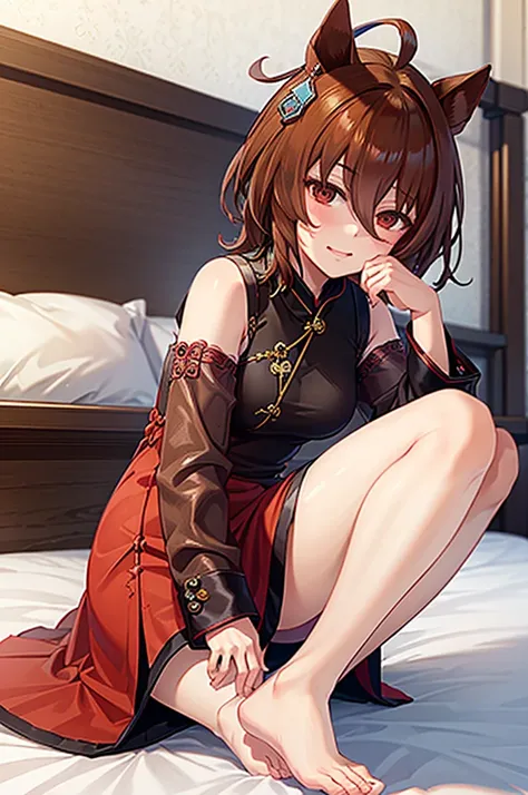 ((Highest quality)), ((masterpiece)), Highest quality),Red mini cheongsam，barefoot，Full body portrait，Forced to open her legs，Bed，Push down，Embarrassed face，