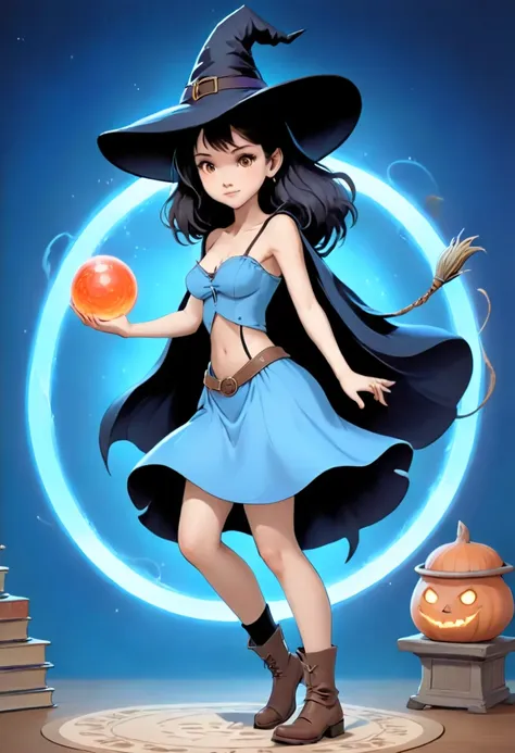 A beautiful witch in the style of Studio Ghibli, 1.55 tall, 16 years old, with medium-length black hair, light brown eyes, fair skin, wearing a very short, transparent blue waist-length dress, black stockings and dark brown boots, a black and cinnamon cloa...