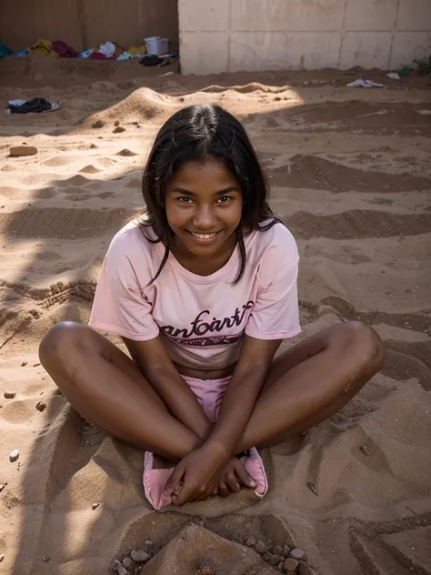 14-year-old indigenous girl, dark skin, smiling, sitting on the dirt floor, front photo, wearing pink pajamas, panties down