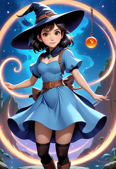 a beautiful witch in the style of studio ghibli, 1.55 tall, 16 years old, with medium-length black hair, light brown eyes, fair ...