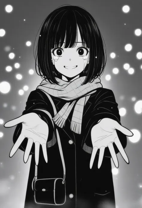 masterpiece, best quality, 1girl, mamerakkkkko, grayscale, manga style, japanese, chi no wadachi, black eyes, street, iced, blac...