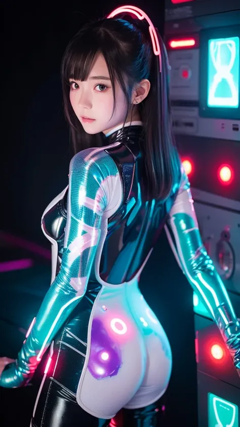 "A girl wearing a semi-transparent anime-style bodysuit with a lot of exposed skin. The suit has flashy patterns, and her entire skin is covered with art paint. She has a sexy face and figure. She is in a capsule that looks like a futuristic life support d...