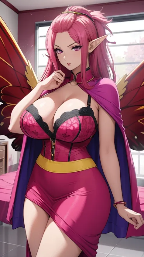 anime , high detailed
1 winged milf woman, 2 toned pink bangs pinned back, big red hair, magenta eyes, serious face, plump lips,...