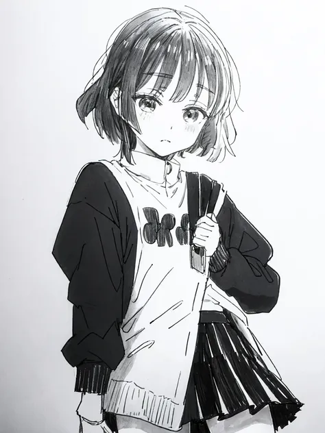 One Girl,Line art,Monochrome,sketch,Pencil drawing,Traditional Media,One Girl, Upper body,Shes in trouble,pattern,sweater,Primary school students ,Delicate body、mini skirt、black tights、Open leg pose、, Long sleeve, With legs apart, alone、(Cute Teenage Girl,...