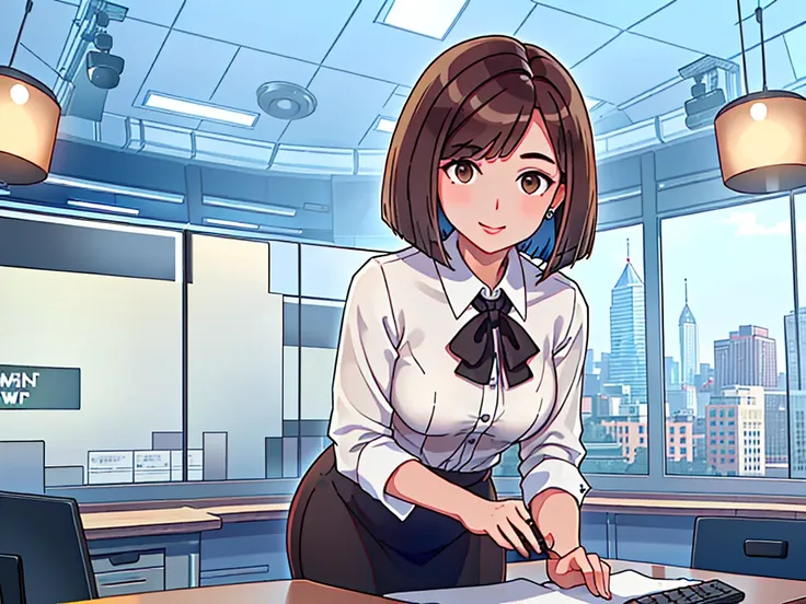 news studio, (((no facele office lady))), brown hair, bob cut, upper body, leading news, small wipe of park, detailed news progr...