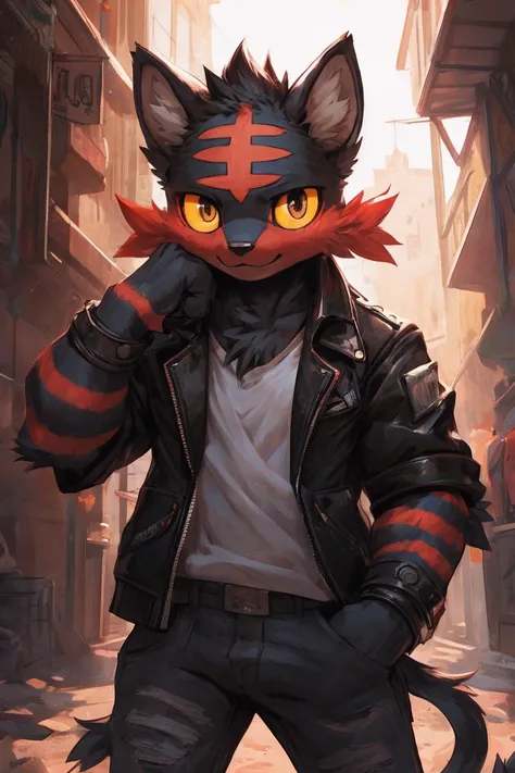 litten, furry, male, solo, looking at viewer, good boy, ultra detailed, front view, hugging pose, (open clothing), punk jacket, ...