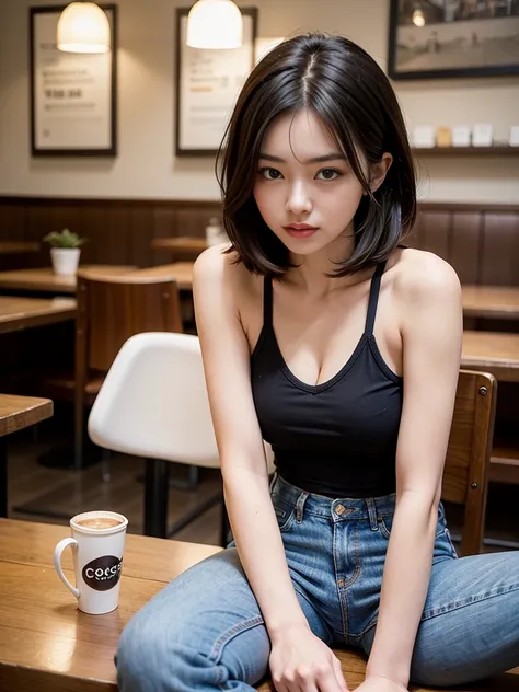 (realisitic、hight resolution:1.3)、1 girl with a perfect figure、Super thin face and eyes、shorth hair、Tank Tops:1 in random color.2、Short jeans、in a cafe、coffee on table、Colossal 、Exposed cleavage