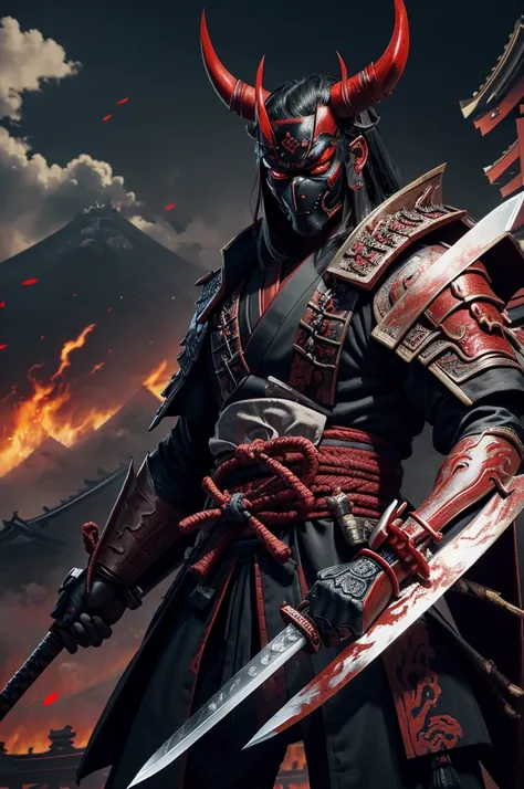 (demon samurai)、(wearing a demon mask)solo man, glowing red eyes、like the whole body、(armed with a long sharp knife)、detailed ha...