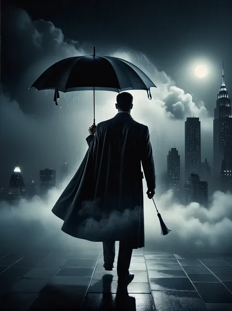 in the heavy rain, a mysterious and brave man holding an umbrella，(umbrella: 1.5), standing on top of a tall building, shrouded ...