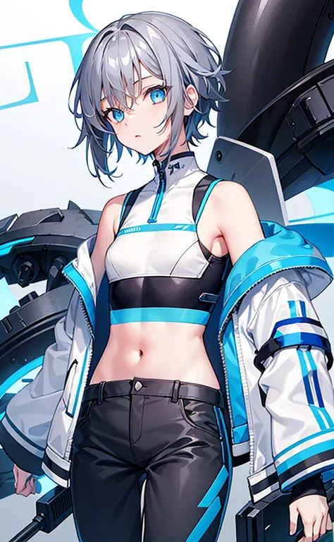 Girl，Tomboy，Dark gray hair，Blue Eyes，White jacket and blue short-sleeved top，Lower body trousers，Technology，flat chest。