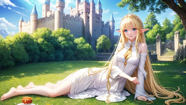 one elf、white skin、light clothing、barefoot、on the grass、under the tree、shade、summer、雪のようにwhite skin、blonde、long hair、castle、natu...