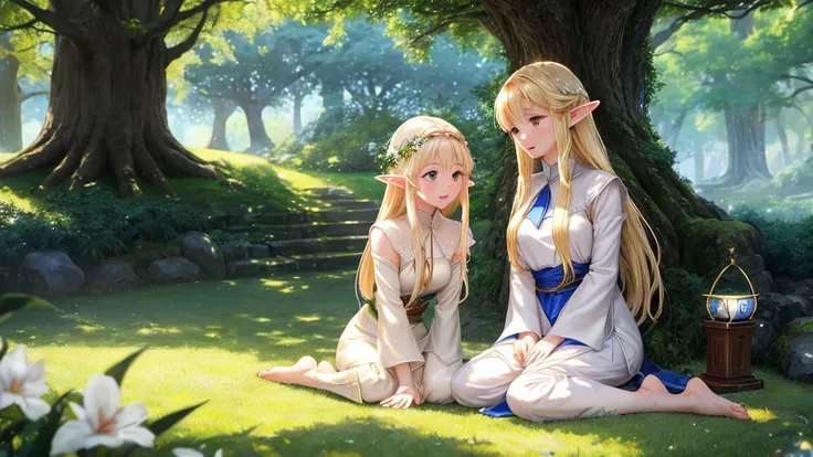 one elf、white skin、light clothing、barefoot、on the grass、under the tree、shade、summer、雪のようにwhite skin、blonde、long hair、castle、natu...