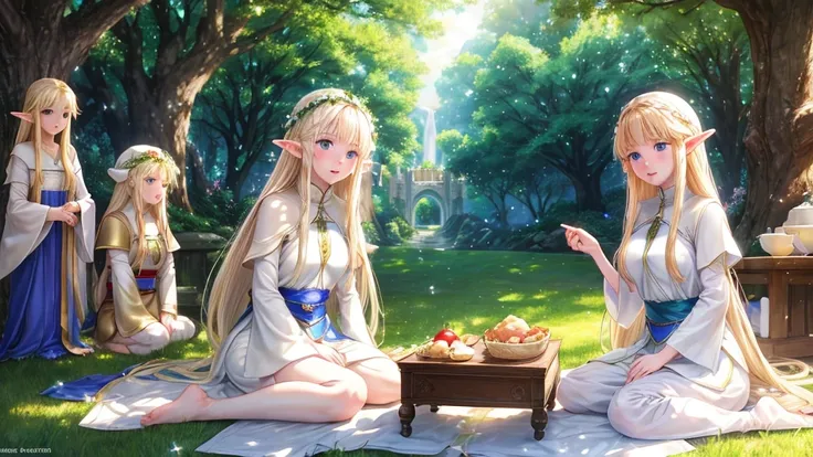 one elf、white skin、light clothing、barefoot、on the grass、under the tree、shade、summer、雪のようにwhite skin、blonde、long hair、castle、natu...