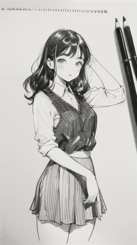 one girl,line art,monochrome,sketch,pencil drawing,traditional media,one girl, skirt,cute teenage girls, ,beautiful portrait、del...