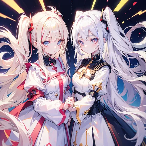 two girls, one with beige hair and red eyes, the other with white hair and blue eyes, twin tails, long hair, white background, c...